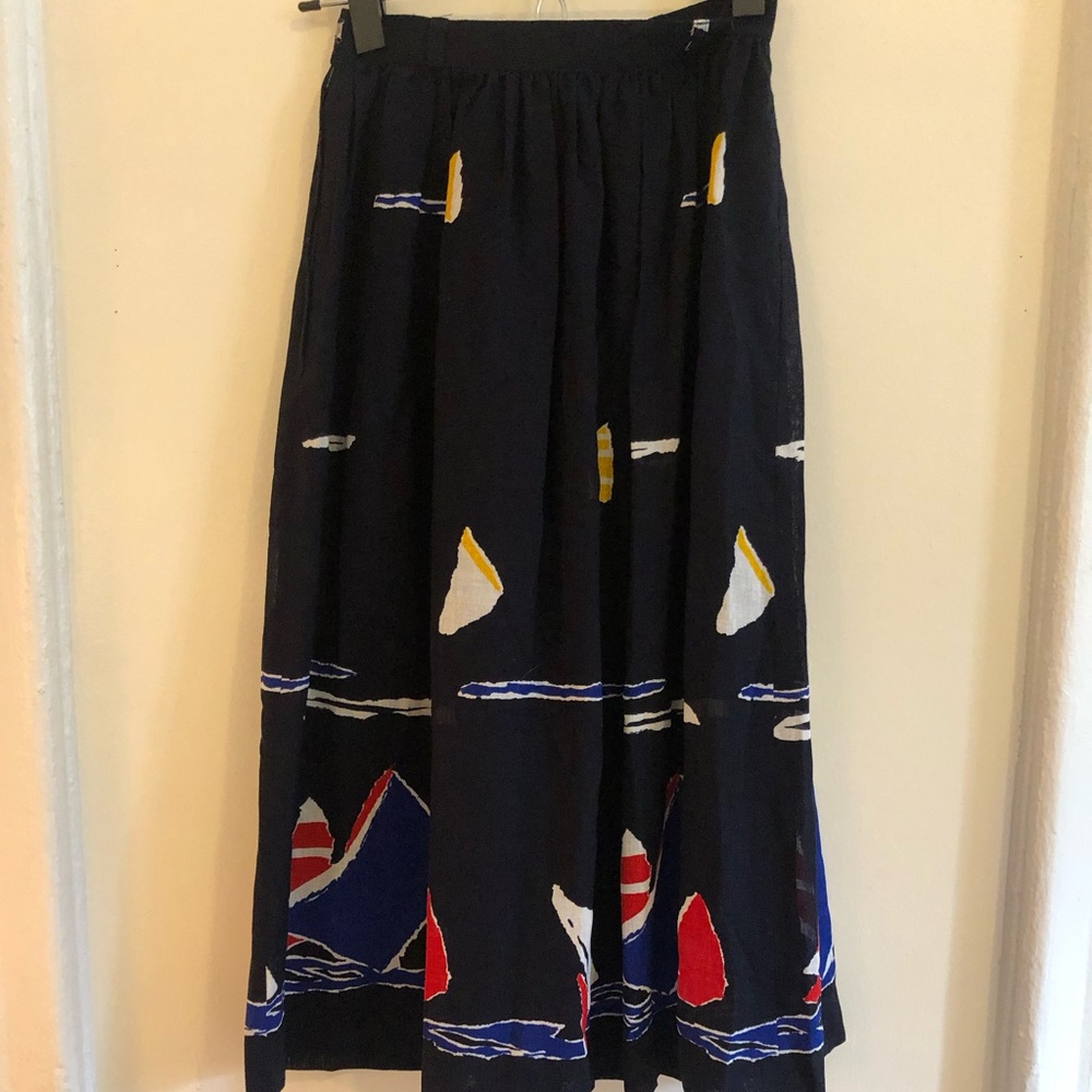 Deep navy Japanese midi skirt with abstract sailboats